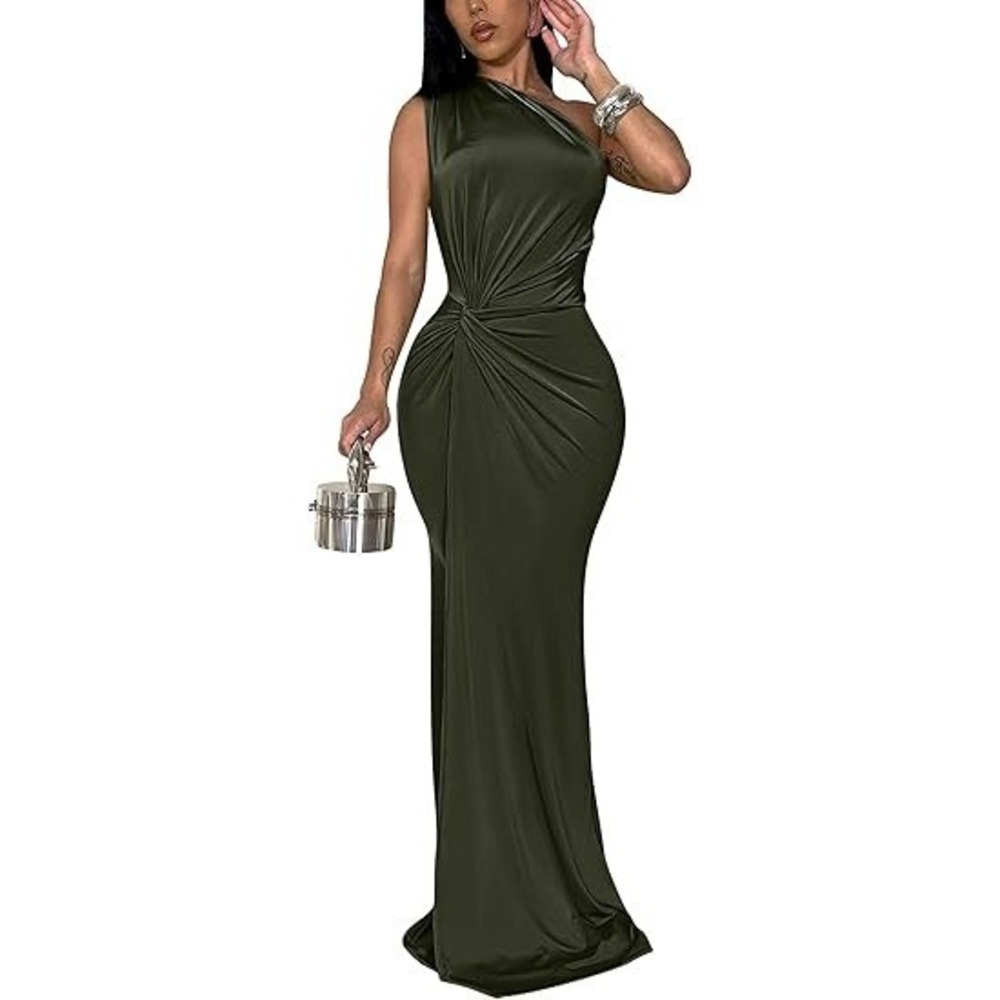 MSRP $61 YMDUCH Women's M Army Green Elegant One Shoulder Long Dress Sleeveless